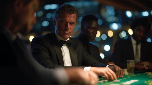 Intense poker game night capturing the thrill of high stakes and raw emotion at a vibrant casino filled with tension and excitement. A group of diverse players huddled around a green felt table,