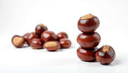 Obraz premium Several shiny brown chestnuts are neatly stacked on white surface. Some nuts have visible seed scars, others are whole. Fall harvest produce, healthy natural food.
