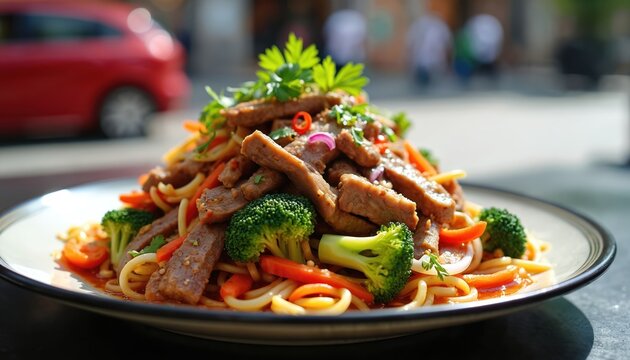 Chifa stir fry beef noodle dish with broccoli and carrots. This fusion food mixes Peruvian and Chinese tastes. It is plated attractively with fresh herbs as garnish.