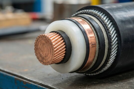Macro cross section of high voltage underground power cable with copper core