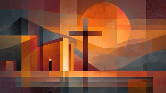 Golden glowing christian cross symbolizing faith and spiritual hope abstract in setting geometric