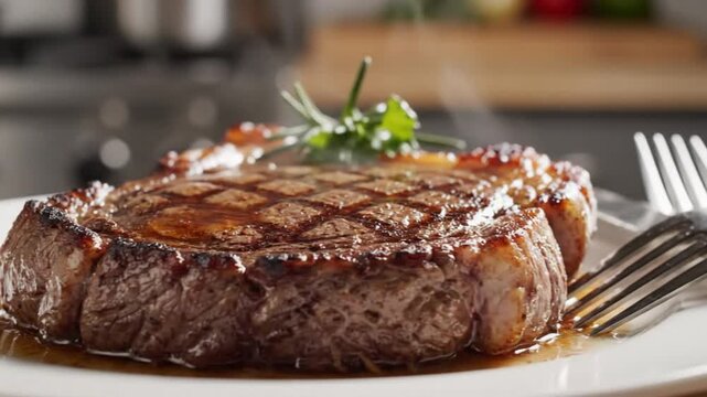 Delicious grilled ribeye steak with a beautiful crust on a white plate, ready to enjoy with fresh herbs