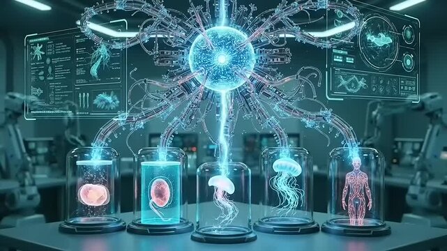 Futuristic Laboratory with Bioluminescent Cells and Technology.