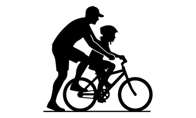 Fototapeta premium Father Teaching Child to Ride Bicycle Silhouette Vector Icon