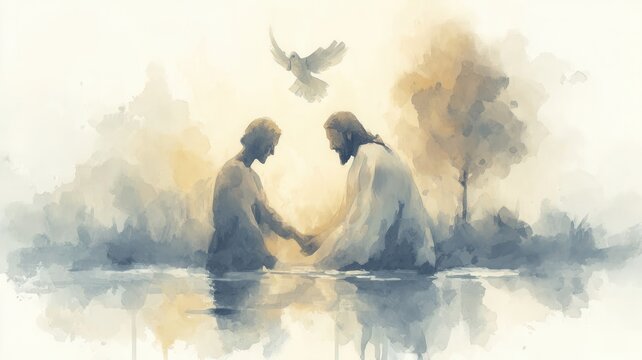 John the baptist baptizing jesus in the river jordan with holy spirit descending rebirth spiritual as dove