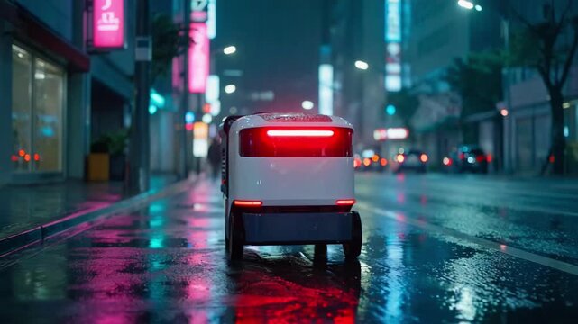 Autonomous delivery robot driving on wet city street with neon lights reflection at night for future logistics technology and smart shipping courier service concept