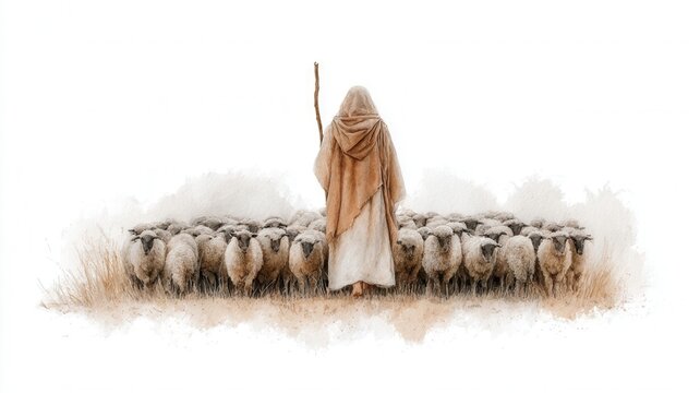 Shepherd leading flock of sheep in desert landscape, a concept of and leadership, following guidance