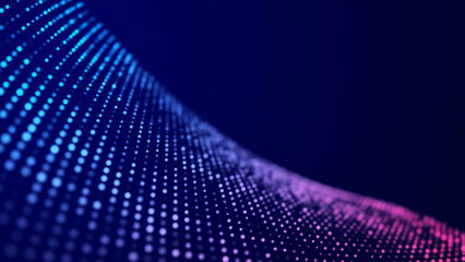 Abstract blue background with moving glowing particles. Big data. 3D rendering.