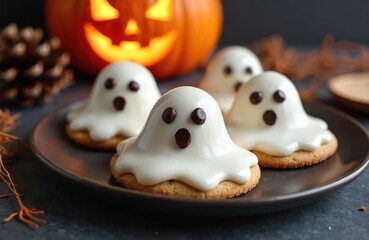 Obraz premium Four ghost cookies with white icing and chocolate chip eyes sit on a dark plate. A carved pumpkin and pinecone furnish background. This spooky sweet treat is perfect for Halloween parties.