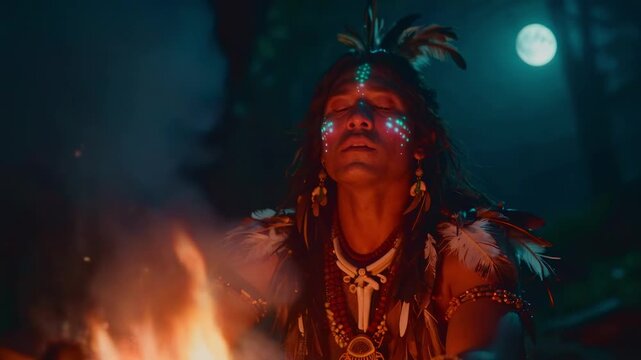 Native american indian shaman man with painted face and feathers looking at moon near night campfire in forest for ancient spiritual ritual and nature magic concept