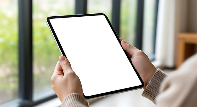 Woman Holding Digital Tablet Mockup with Blank White Screen by Window, Desktop Display Template