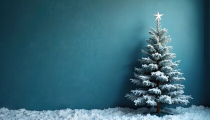 Fototapeta premium Frosted pine tree with star topper sits on snow-covered ground against teal wall. Minimalist holiday scene evokes winter wonder and festive cheer for seasonal celebrations indoors.