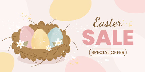 Fototapeta premium Easter sale banner with nest and pastel spring eggs illustration. Vector for web, poster, ads and coupons