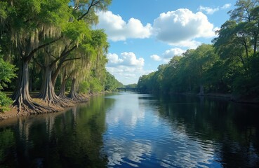 Obraz premium Calm river flows through rich green parkland lined with cypress trees draped in Spanish moss. Blue sky with white clouds reflects on the water surface. A distant bridge spans the waterway.