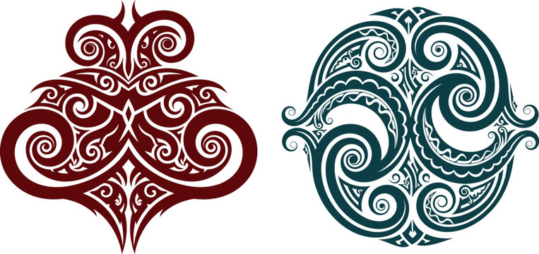 Detailed Polynesian inspired ornamental patterns featuring intricate traditional swirling koru elements and symmetrical flowing shapes