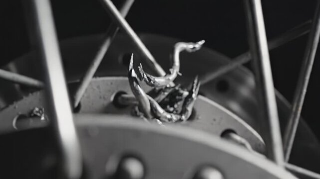 Extreme close up of broken and twisted metal spokes on a bicycle wheel hub. The scene conveys a sense of destruction and mechanical failure. Useful for bike maintenance or safety content.