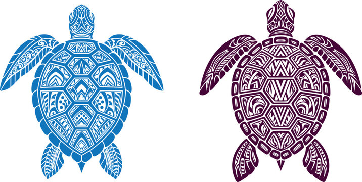 Detailed top view vector illustration of two sea turtles adorned with intricate tribal patterns