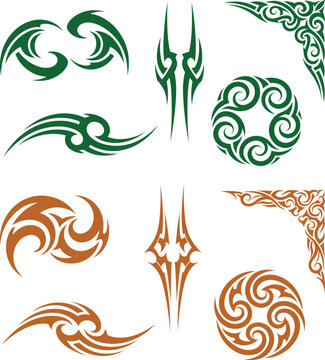 Diverse collection of decorative tribal elements with sharp angles and flowing curves suitable for borders and graphic accents