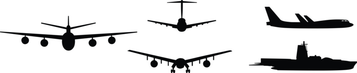 Aircraft silhouettes, aviation transport, military ship, airplane front view, rear view, side profile, naval vessel, aviation design, transportation illustration, isolated background © MstGeasmin
