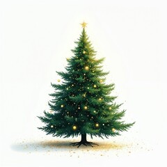 Fototapeta premium Evergreen fir tree decorated with shiny gold baubles and fairy lights. Festive holiday illumination with star topper. Traditional Christmas celebration symbol. Winter season greeting.