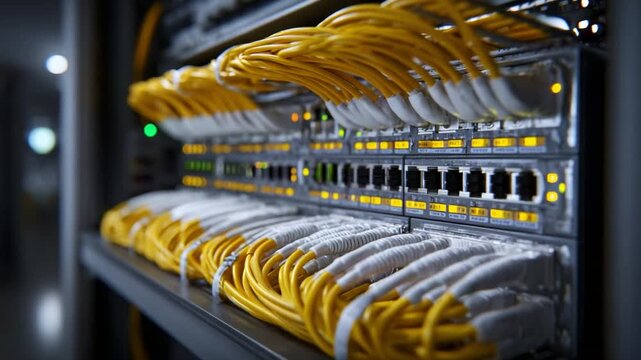 Detailed View of Network Cables and Routers in a Data Center, Showcasing Connectivity and Infrastructure in Modern Telecommunications