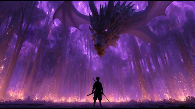 A lone warrior stands in anime style amidst purple forest with giant dragon overhead