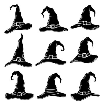 Mystical Millinery: A Collection of Nine Wicked Witch Hats Featuring Pointed Brims and Buckles