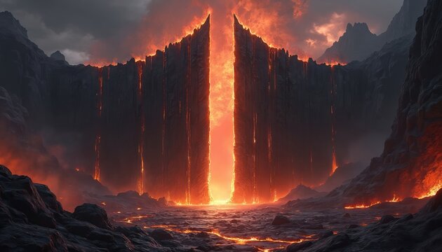 Massive obsidian gate opens to bright fiery energy. Dark rocky landscape with molten lava flows and glowing hot edges. Volcanic mountains under dramatic smoky sky. Powerful mystical scene.