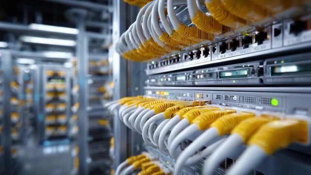 High-Tech Data Center Featuring Yellow Network Cables Interconnected with Servers and Switches, Showcasing Modern Infrastructure and Connectivity Solutions