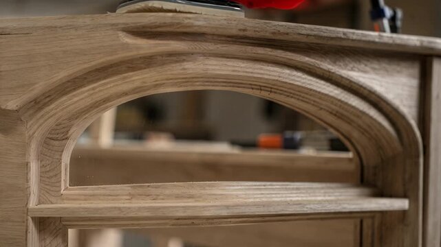 Closeup of eyebrow window construction highlighting delicate arch forming and fine wood sanding to create elegant subtle curved shapes for unique openings.