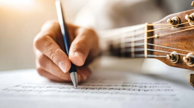 Hand writing music notes on sheet paper with a guitar present, creating a new song composition