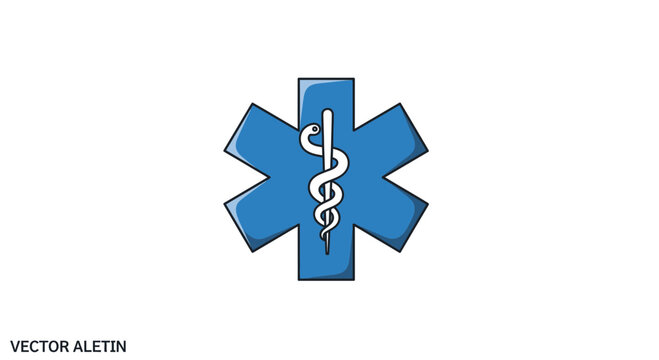 Blue Star of Life Medical Symbol with Caduceus Rod on White Background
