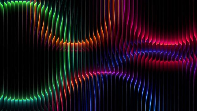 Dynamic neon circles flowing endlessly through vertical ribbed glass. Radiant rings crossing and blending in fluid rhythm for creative projects, digital screens and visual effects. Seamless loop. 4K