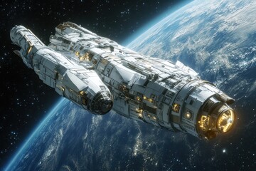 Fototapeta premium Spaceship travels through orbit near Earth in a futuristic cosmic setting