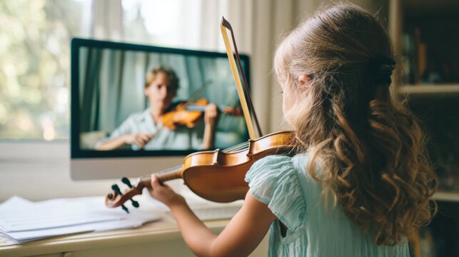 Child learning violin during online music lesson with tutor on computer screen, practicing instrument at home