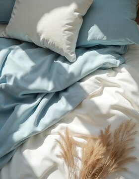 Soft bed with pastel blue and white linen sheets. White pillows and dried grass accentuates serene bedroom decor. Natural light creates calm atmosphere, perfect for rest.