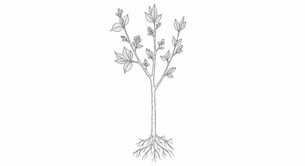 Fototapeta premium Young Tree Sapling with Roots and Leaves, Black and White Line Drawing