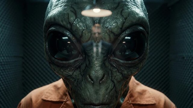 Portrait of a green alien in an orange jumpsuit looking at the camera in a dark containment room symbolizing extraterrestrial life in a sci-fi mystery or secret area 51 conspiracy concept