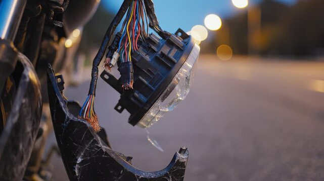 A shattered motorcycle headlight hangs by exposed wires after an accident on a city road. The scene conveys damage and danger. Useful for insurance, safety, or repair content.