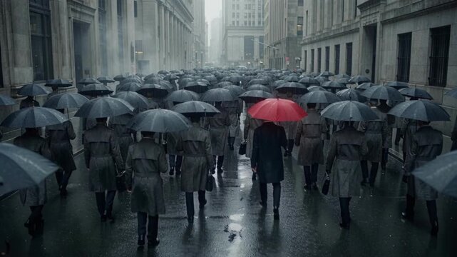 Bright red umbrella standing out in a crowd of people with gray umbrellas walking on a rainy city street symbolizing individuality and leadership in a unique business difference concept