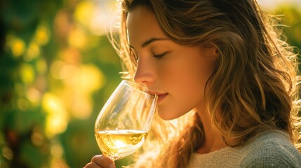 Naklejka premium Close-up of a beautiful young woman smelling and savoring white wine in a glass outdoors during golden hour, concept for vineyard tours, sommelier education and winery promotion
