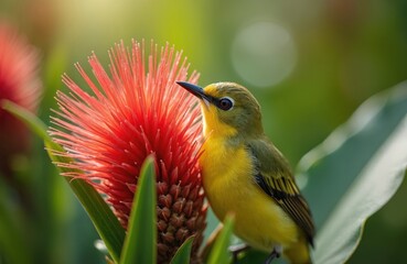 Naklejka premium Small yellow bird with green back sits on tropical red flower. Closeup view of avian life feeding nectar from vibrant bloom. Wild nature scene in sunlight.