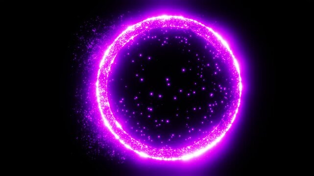 
Futuristic glowing purple circle of particles on a dark background. Energy ring, sparkling dust and glowing dots, abstract design, sci-fi technological portal or digital wave effect for modern visual