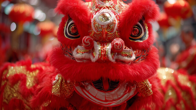 Lion Dance Festival, Dramatic close up red lion dance head with intense expression during Chinese festival celebration highlighting tradition and cultural performance energy