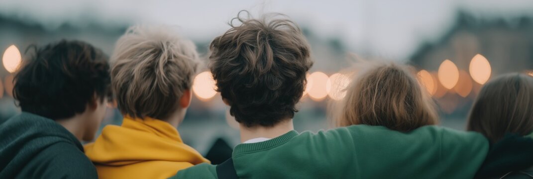 Rear view of group of young friends walking together with arms around each other's shoulders outdoors at dusk, with blurred bokeh lights in background