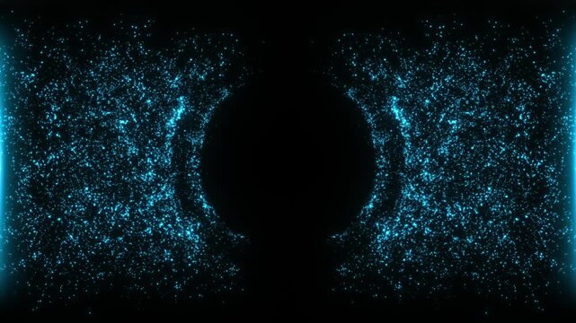 Blue sparkling particles forming symmetrical cosmic burst on dark background, abstract futuristic energy field with dynamic motion and depth.