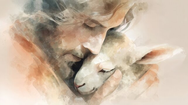 Jesus christ, the good shepherd, embracing a lamb, a symbol of guidance spiritual redemption