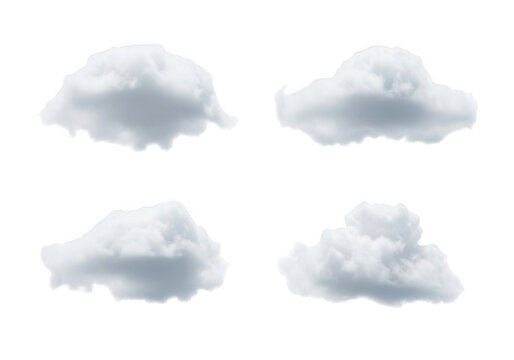 Four fluffy cumulus cloud formations isolated on transparent background
