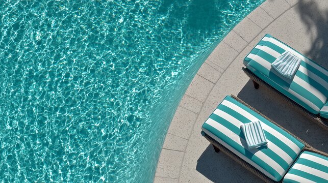 Vivid blue swimming pool edge adjacent to striped lounge chairs and folded towels, concept for luxury travel marketing, resort lifestyle content and summer relaxation banners