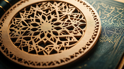 Obraz premium Intricate golden pattern on a circular decorative plate displayed on a dark green ornate background